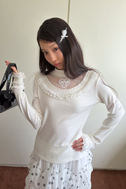 Embroidered Mesh Lace Collar T-Shirt