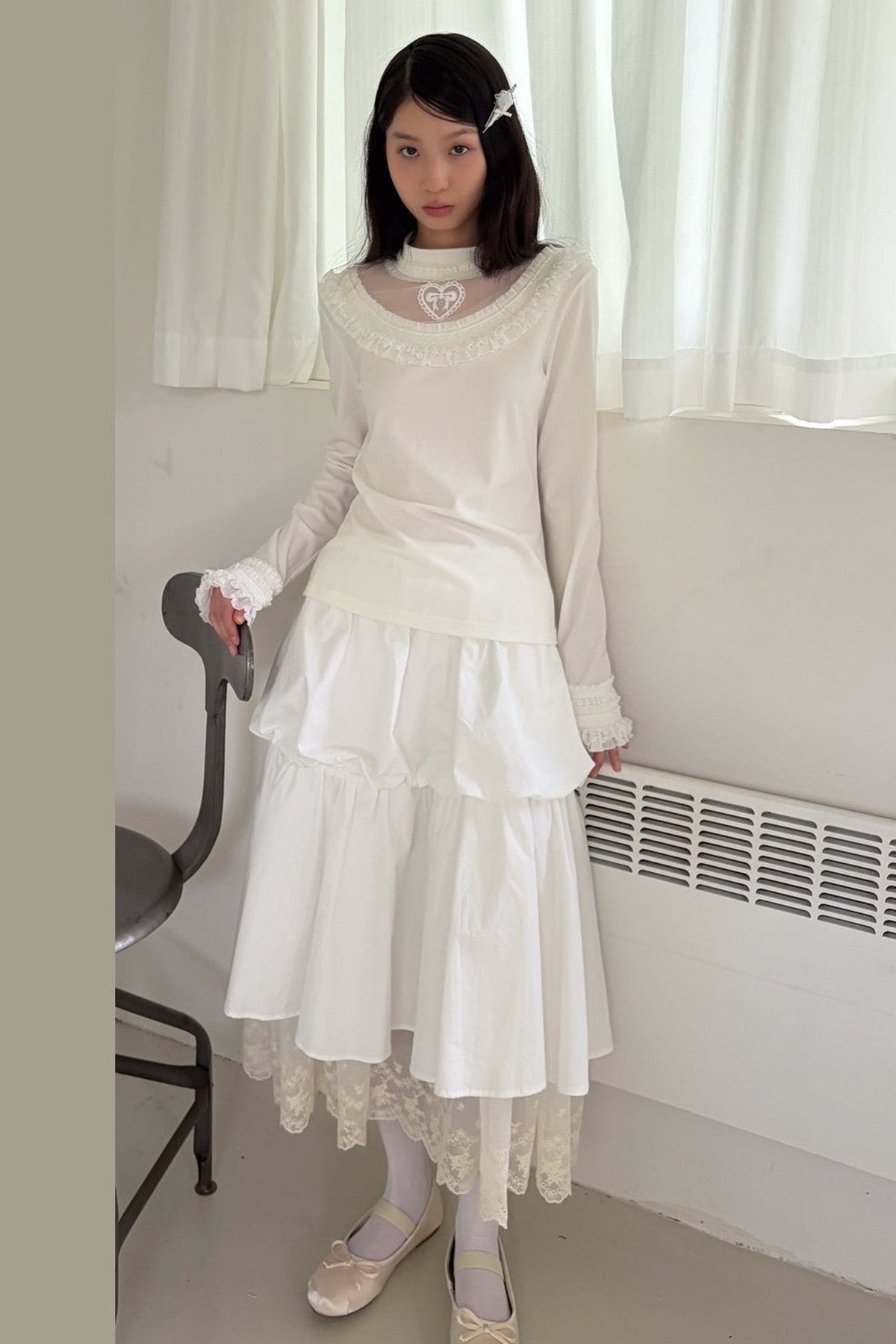 Embroidered Mesh Lace Collar T-Shirt
