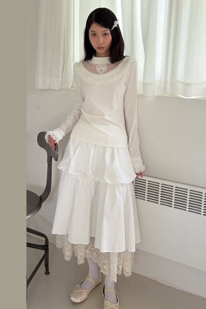 Embroidered Mesh Lace Collar T-Shirt