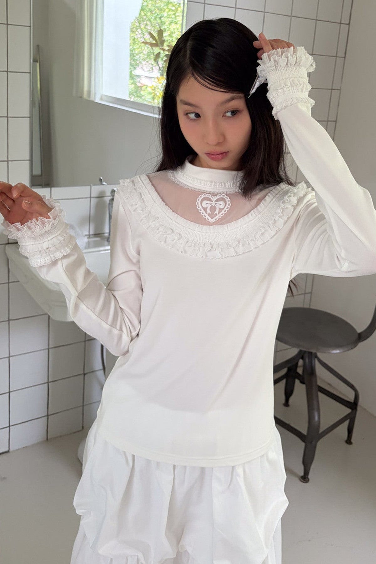 Embroidered Mesh Lace Collar T-Shirt