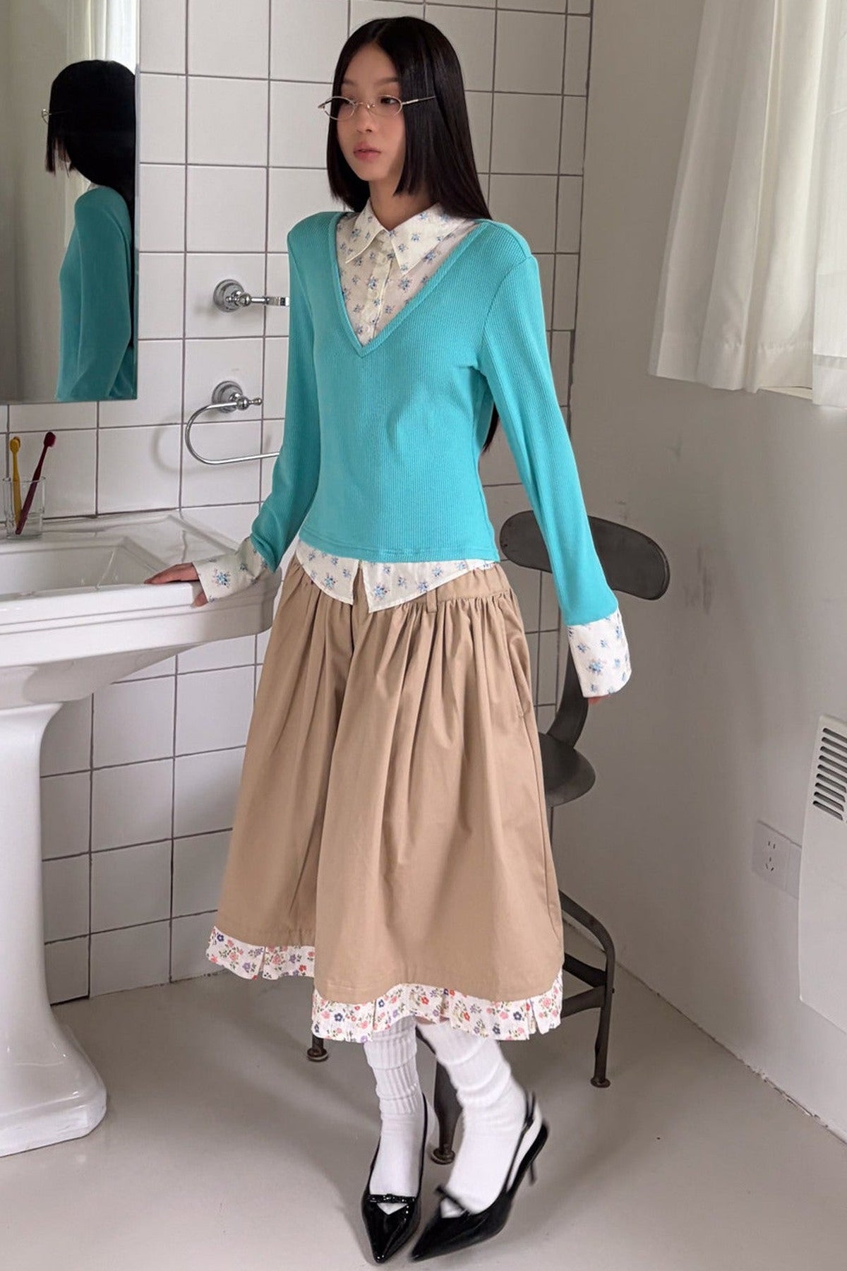 Mint Green Knit Floral Shirt Top