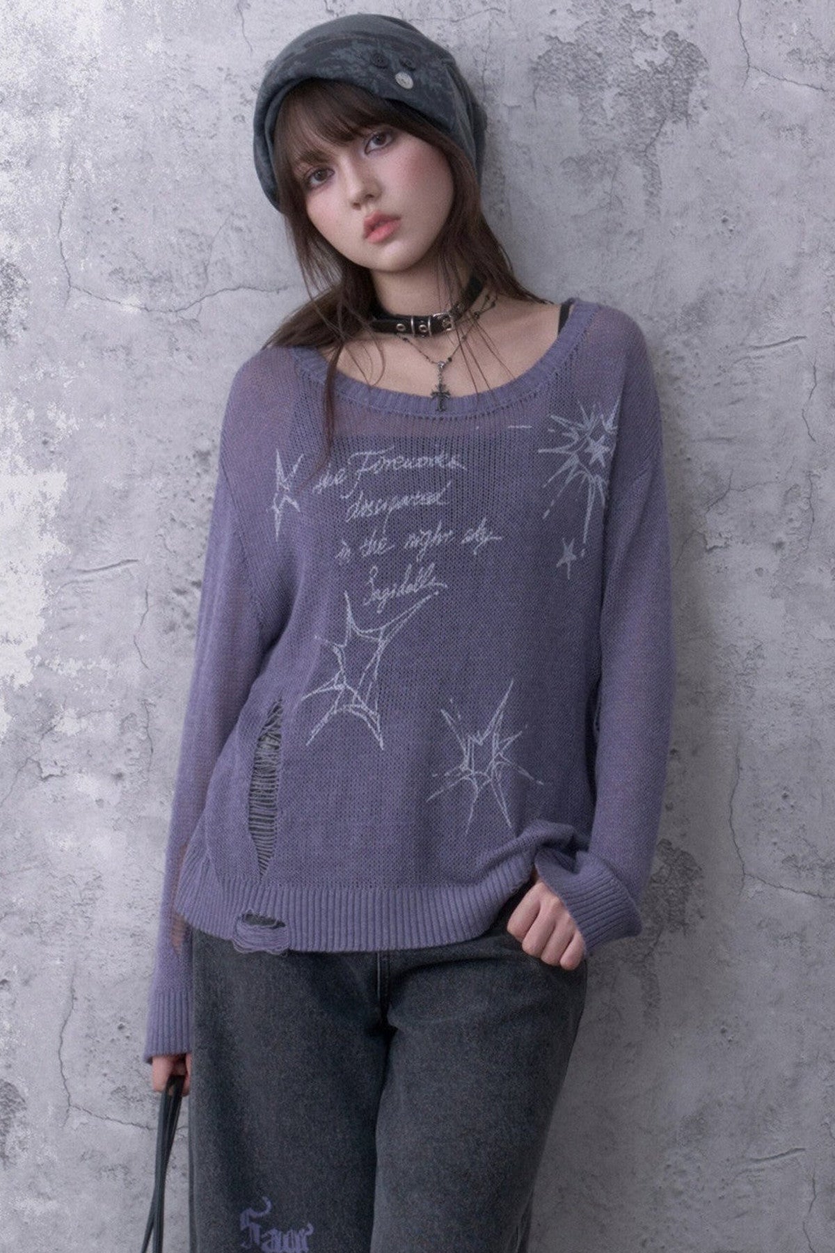 Purple Ripped Knit Mesh Print Sweater
