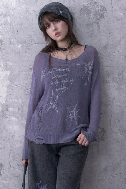 Purple Ripped Knit Mesh Print Sweater