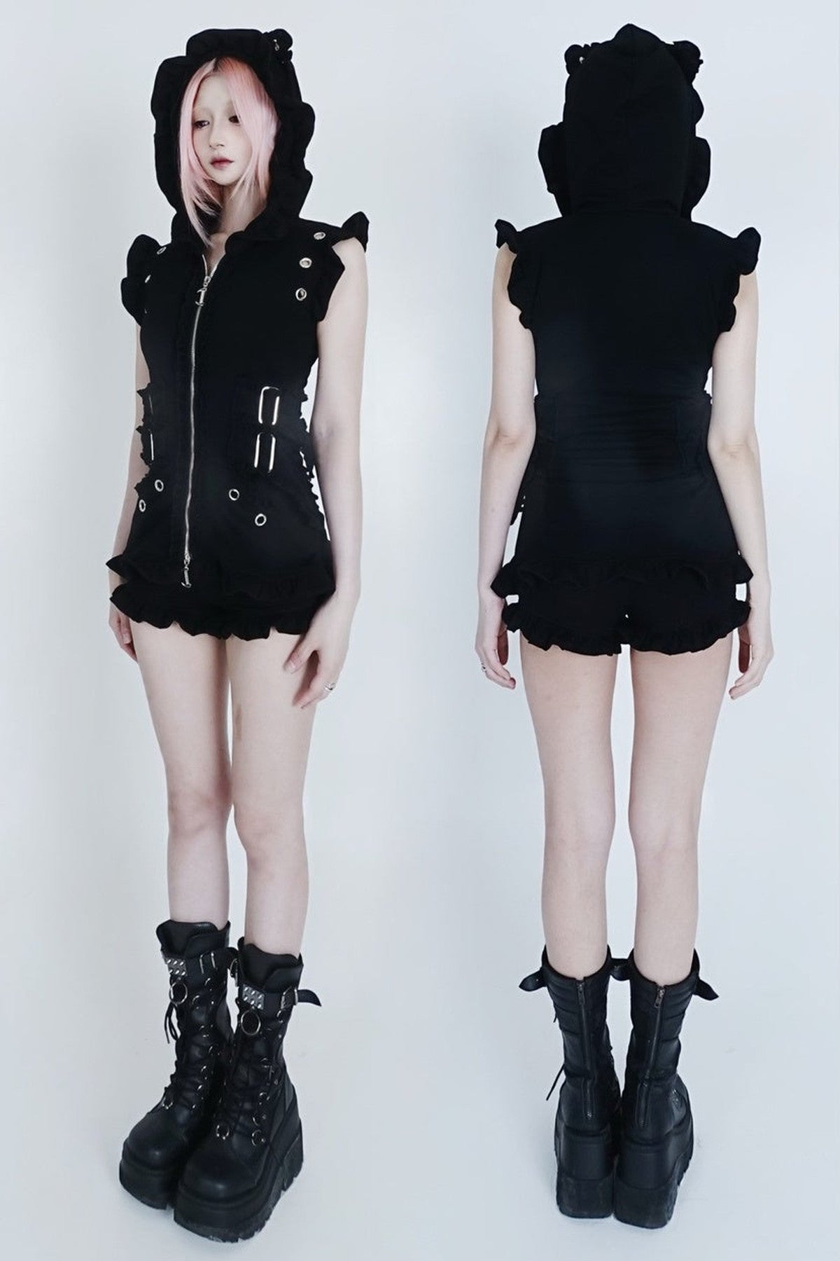 Hooded Cat Ear Vest Shorts Set-Up