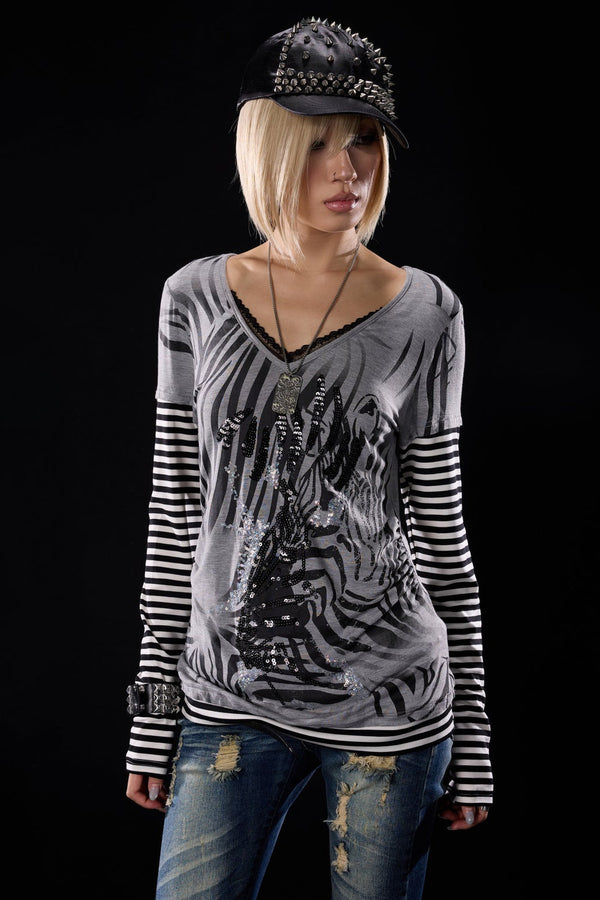 Zebra Print Layered-Look Long Sleeve T-Shirt