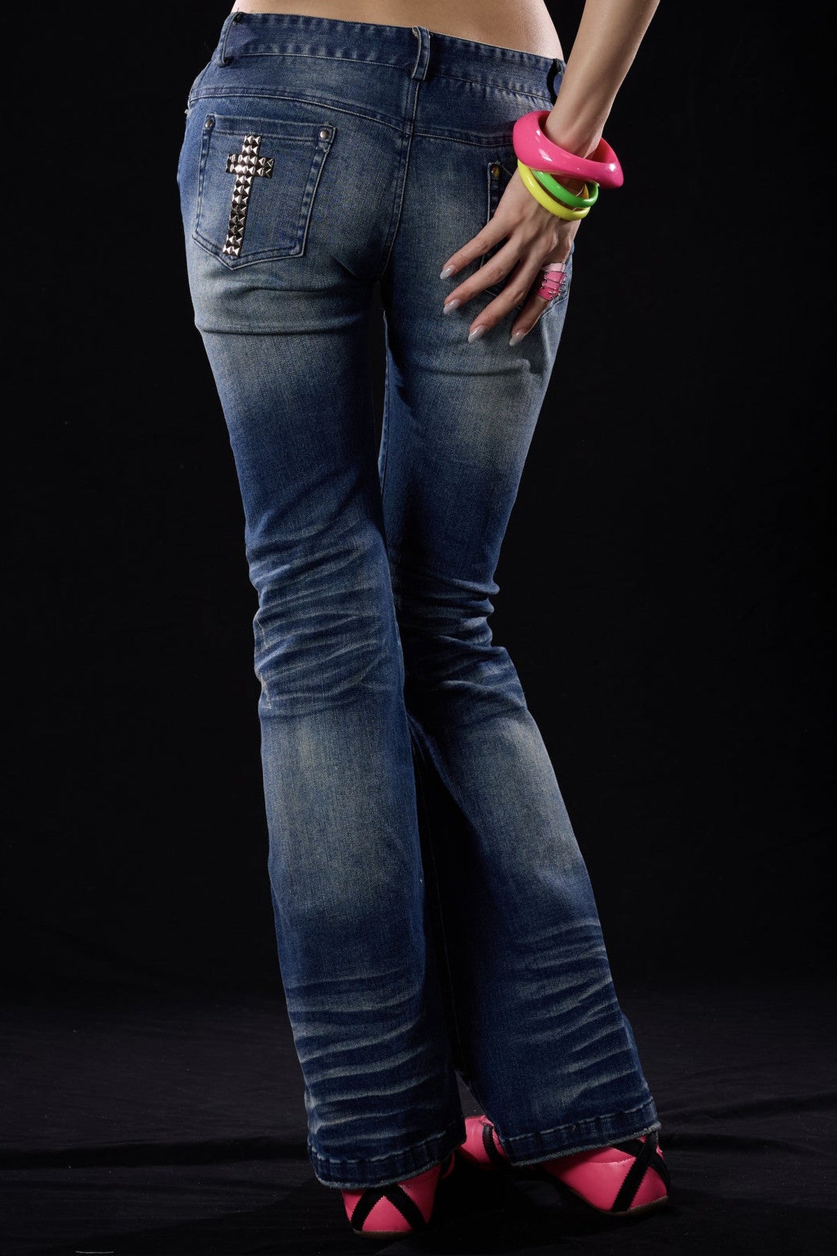Distressed Cross-Studded Flared Jeans