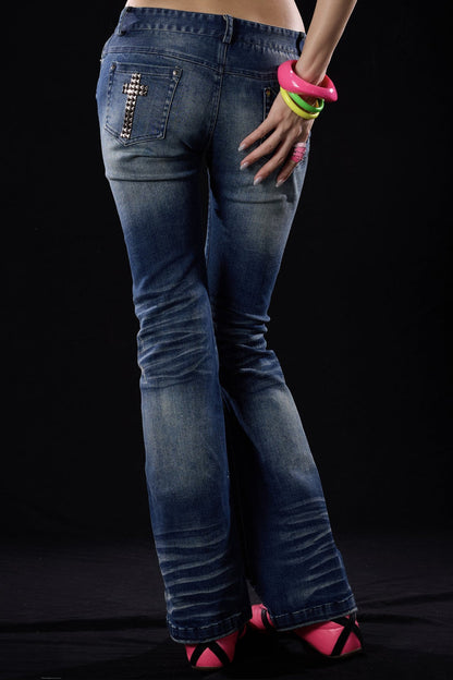 Distressed Cross-Studded Flared Jeans