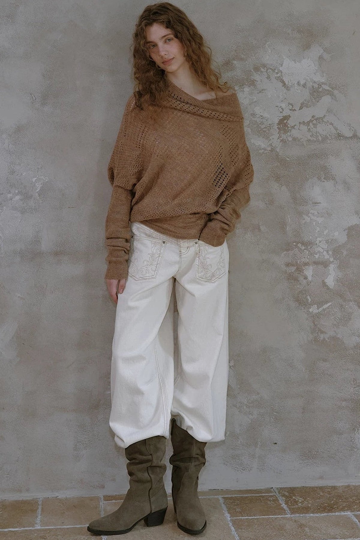 Off-Shoulder Wool Batwing Knit Top