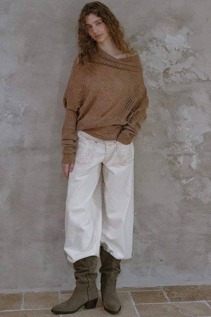 Off-Shoulder Wool Batwing Knit Top