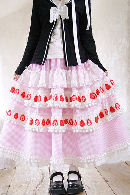 Strawberry Print Lace Tiered Skirt