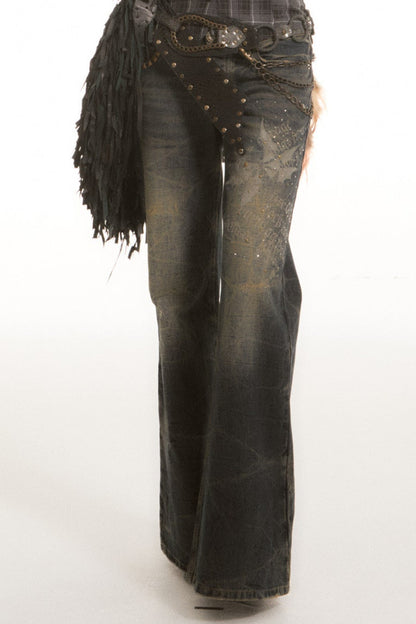 Washed Printed Rhinestone Low-Waist Flared Jeans