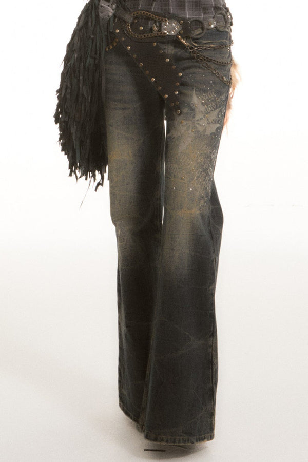Washed Printed Rhinestone Low-Waist Flared Jeans