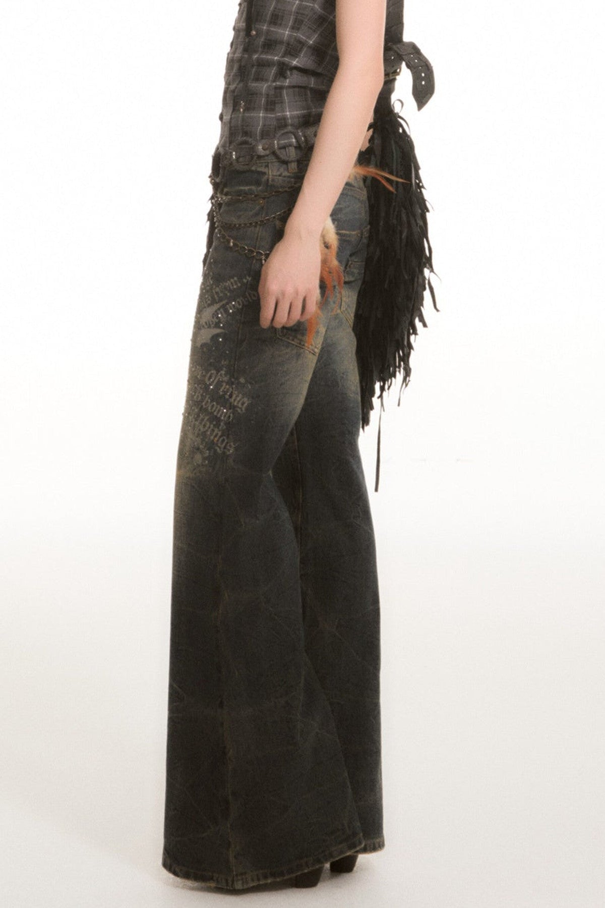Washed Printed Rhinestone Low-Waist Flared Jeans