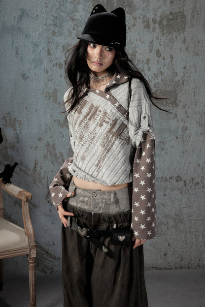 Asymmetrical Star Patchwork Long-Sleeve T-Shirt