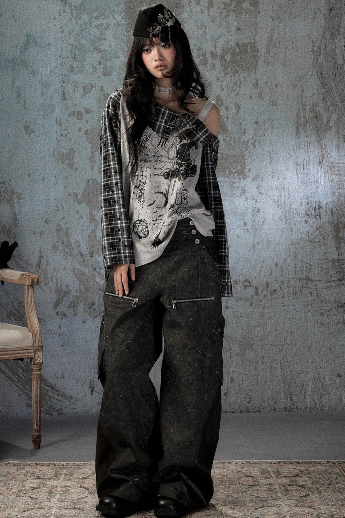 Plaid Wing Off-Shoulder Long-Sleeve T-Shirt