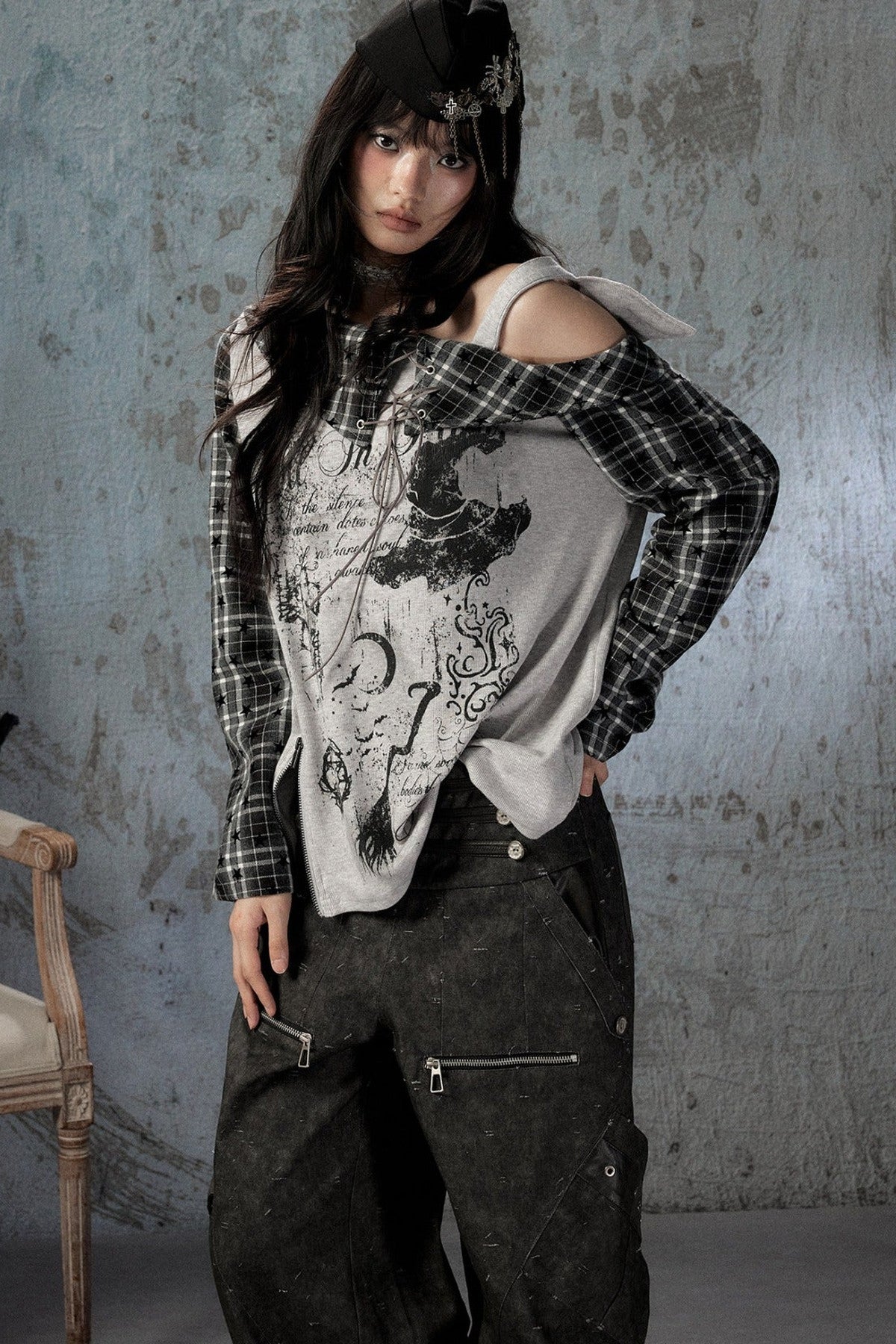 Plaid Wing Off-Shoulder Long-Sleeve T-Shirt
