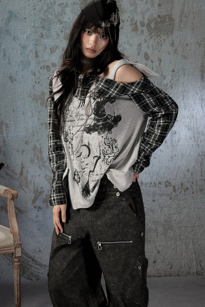 Plaid Wing Off-Shoulder Long-Sleeve T-Shirt