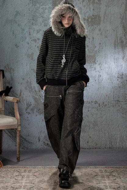 Black Patchwork Ripped High-Waisted Cargo Pants