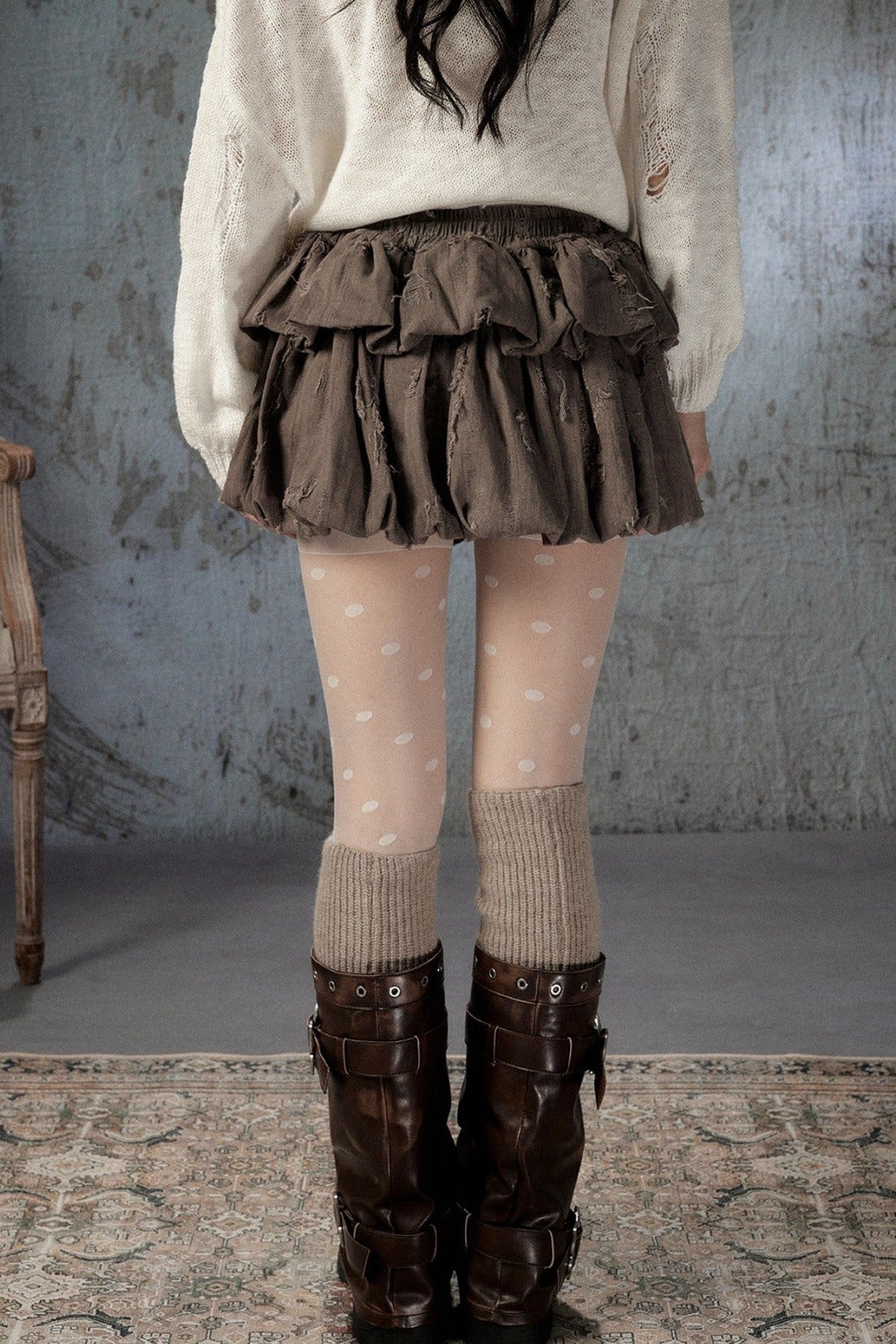 Brown Bud Waist Pleated Skirt