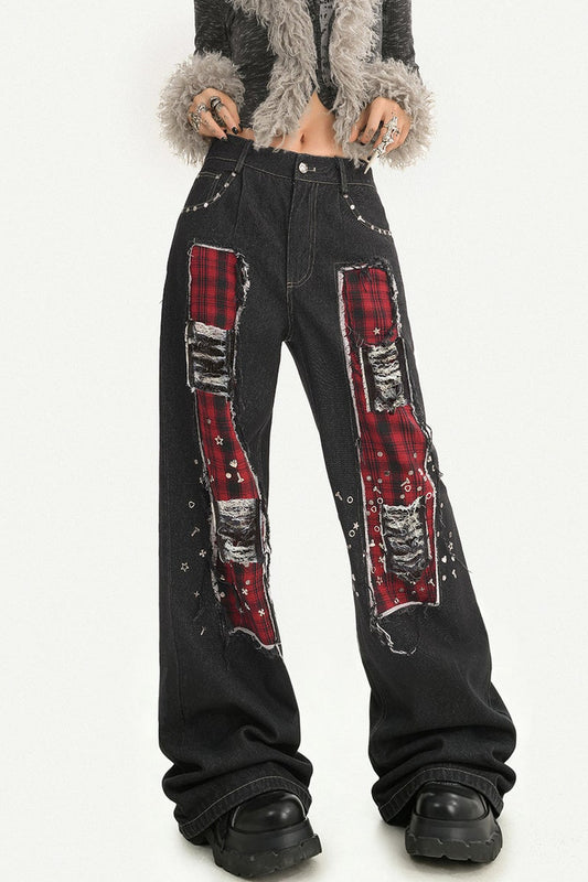 Black Red Plaid Punk Jeans
