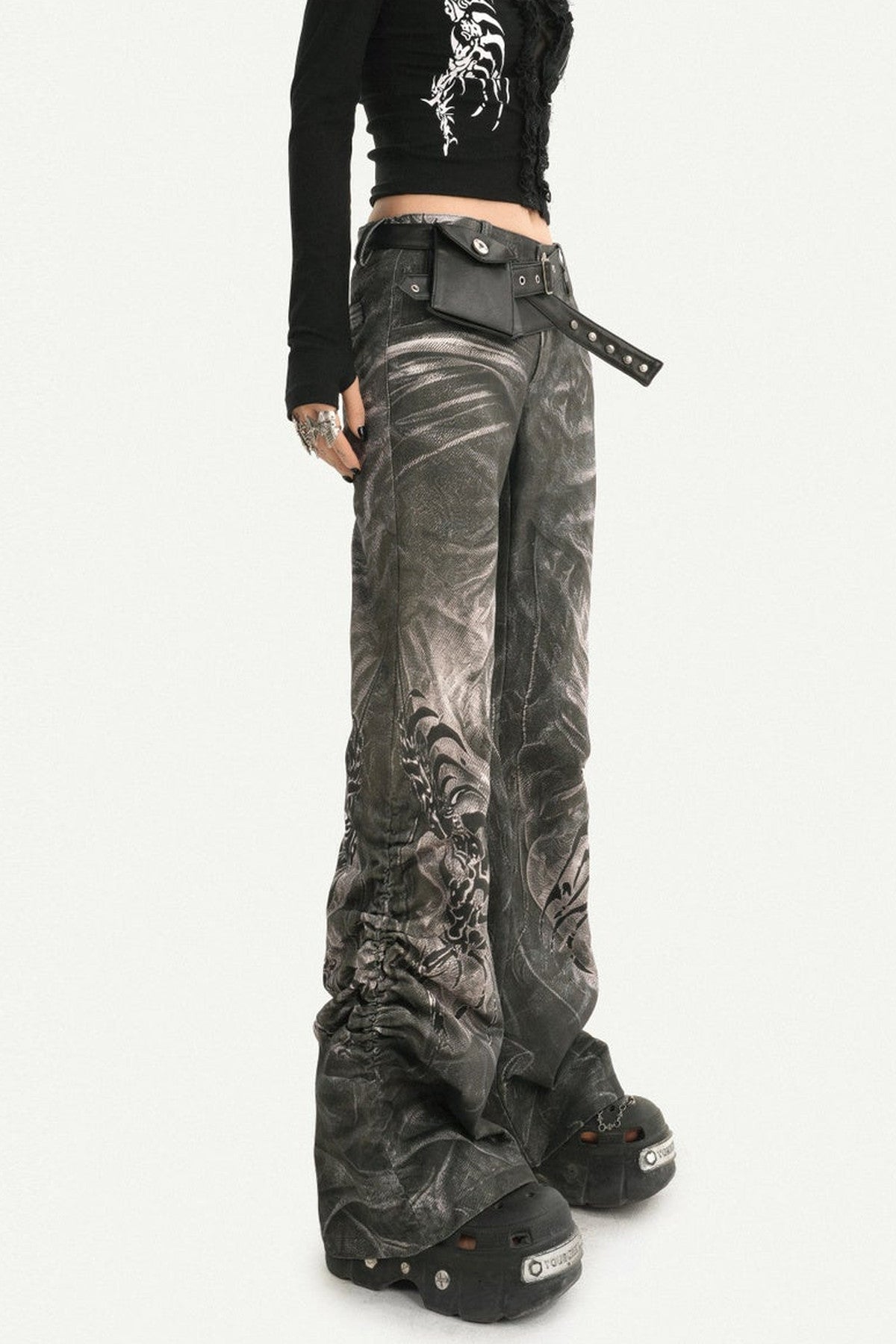 Black Printed Lace Splicing Top and Pants Set-Up