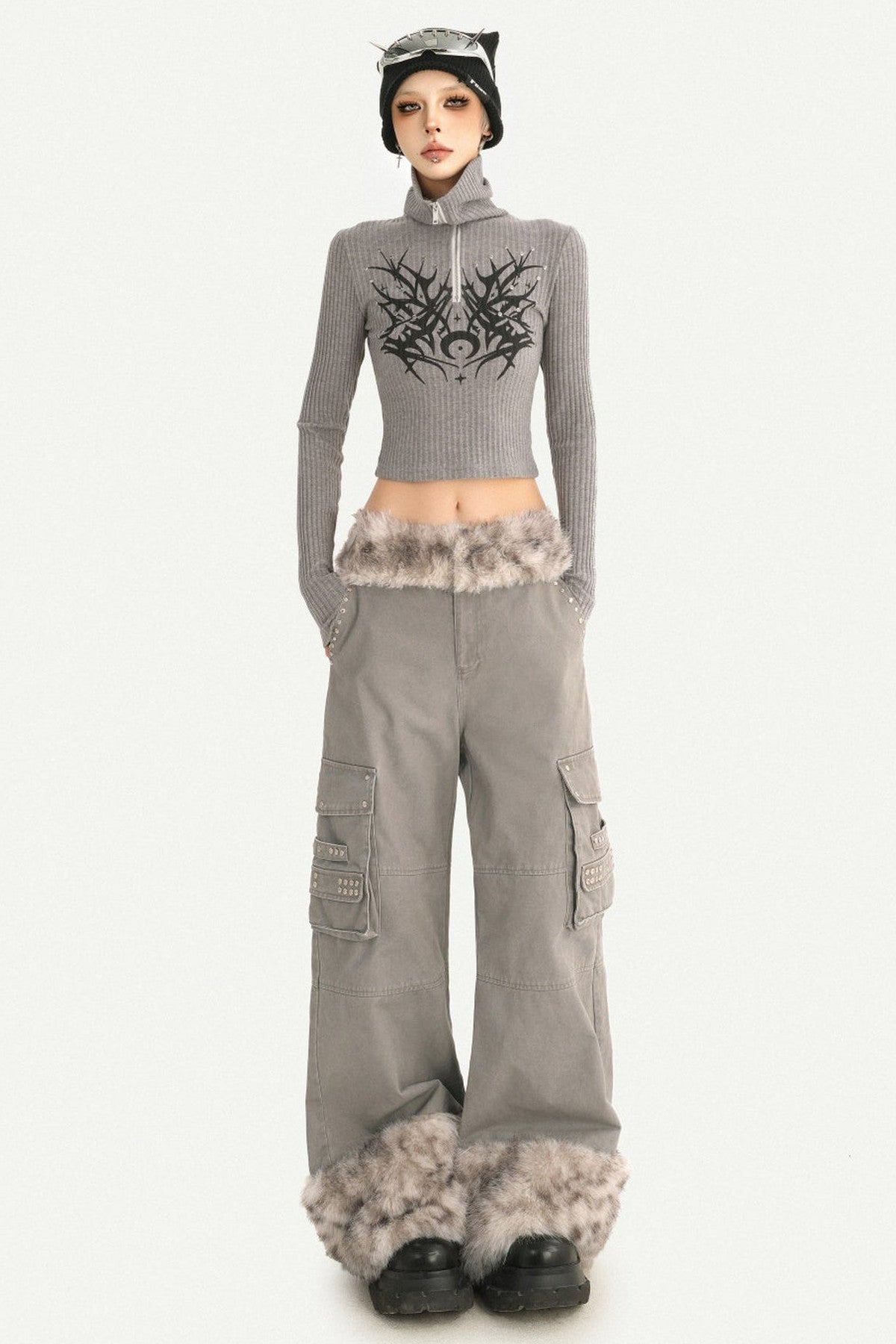 Leopard Plush Patchwork Wide-Leg Straight Workwear Pants