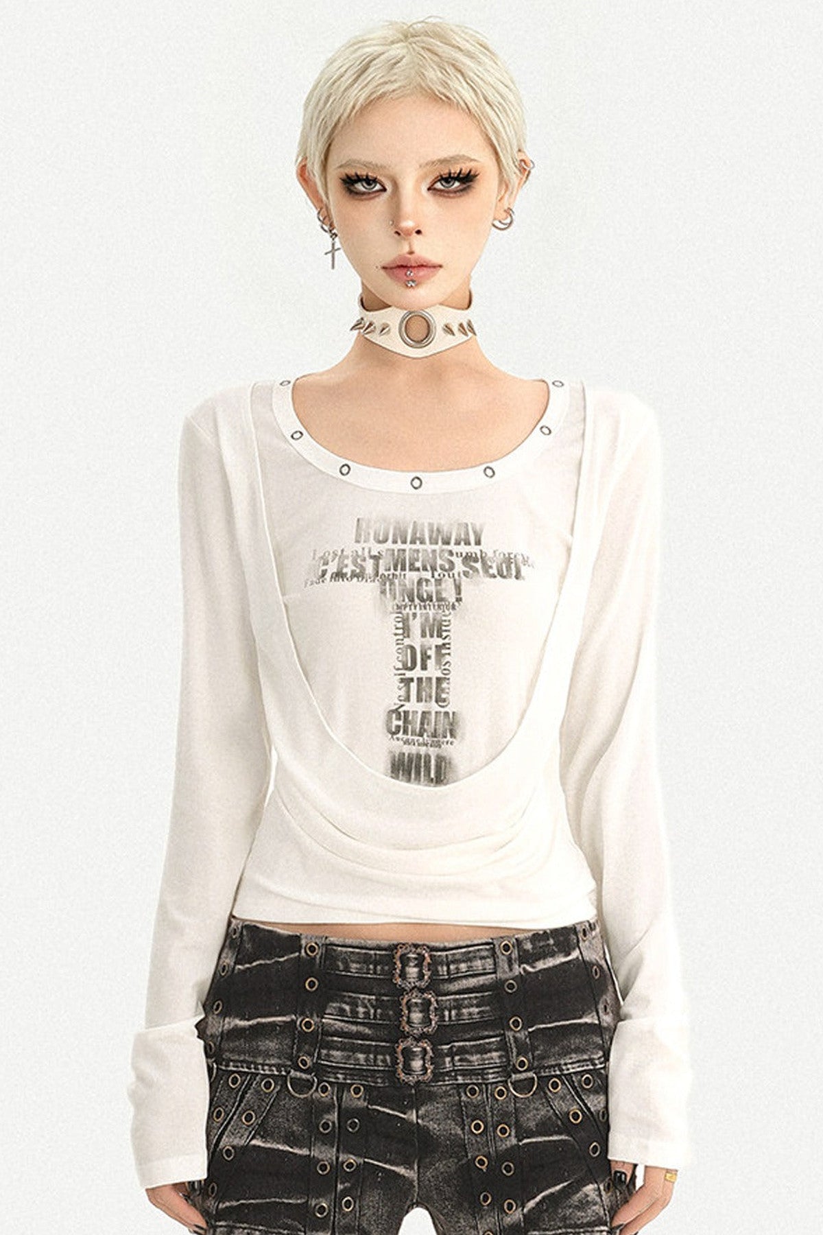 Y2K Metal Ring Letter Layered-Look T-shirt