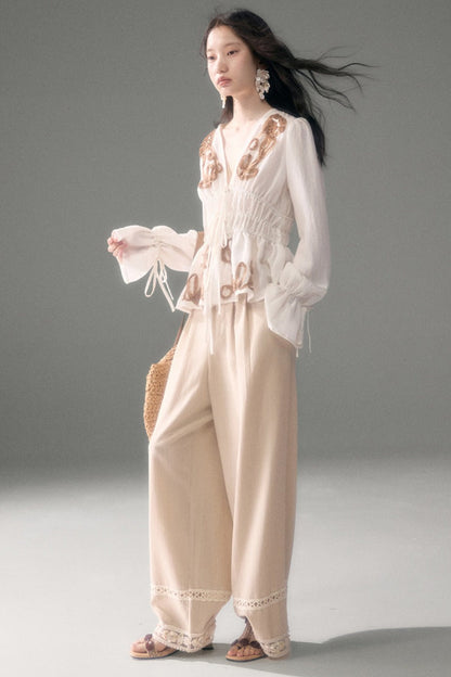 3D Tulip Floral Tencel Linen Blouse