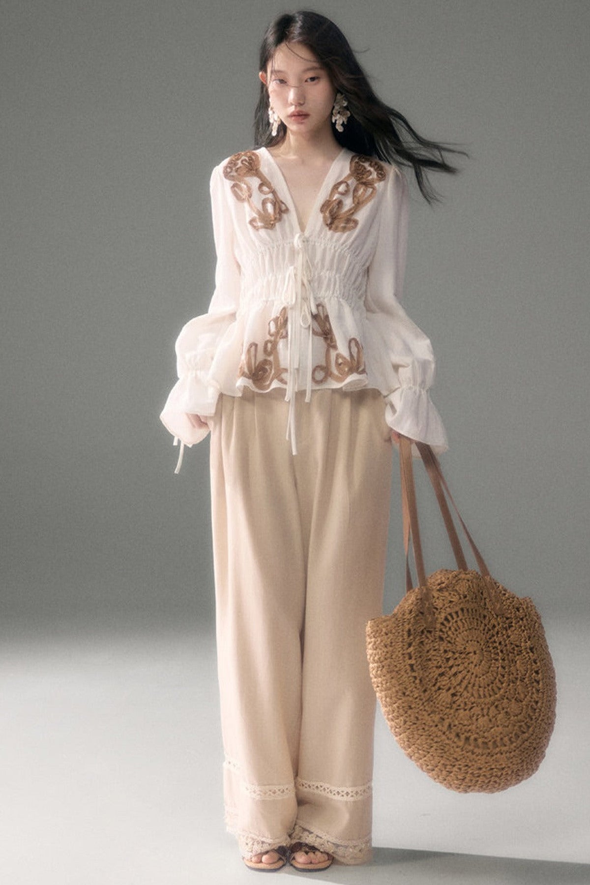 3D Tulip Floral Tencel Linen Blouse