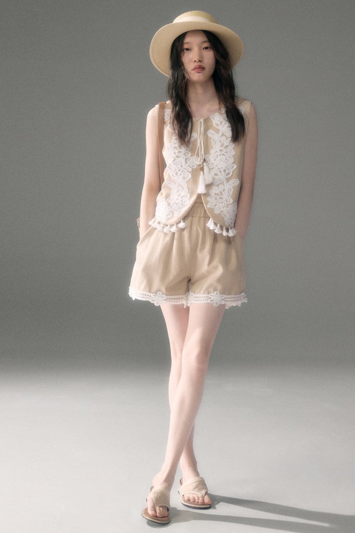 Three-Dimensional Rope Embroidery Floral Tencel Vest and Shorts Set-Up