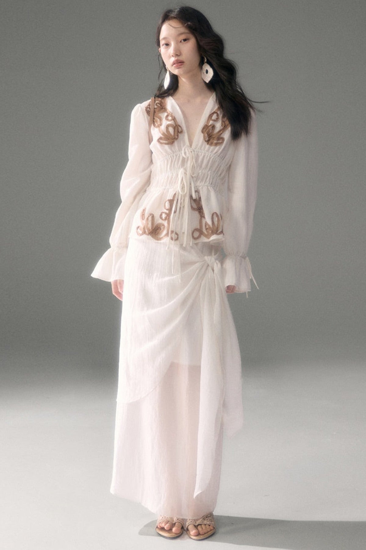 Moonlight Shawl Collar Bell Sleeve Shirt Tie-Up Skirt Set-Up