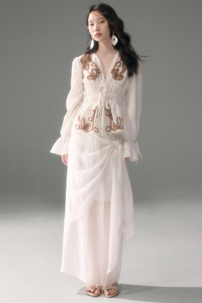 Moonlight Shawl Collar Bell Sleeve Shirt Tie-Up Skirt Set-Up