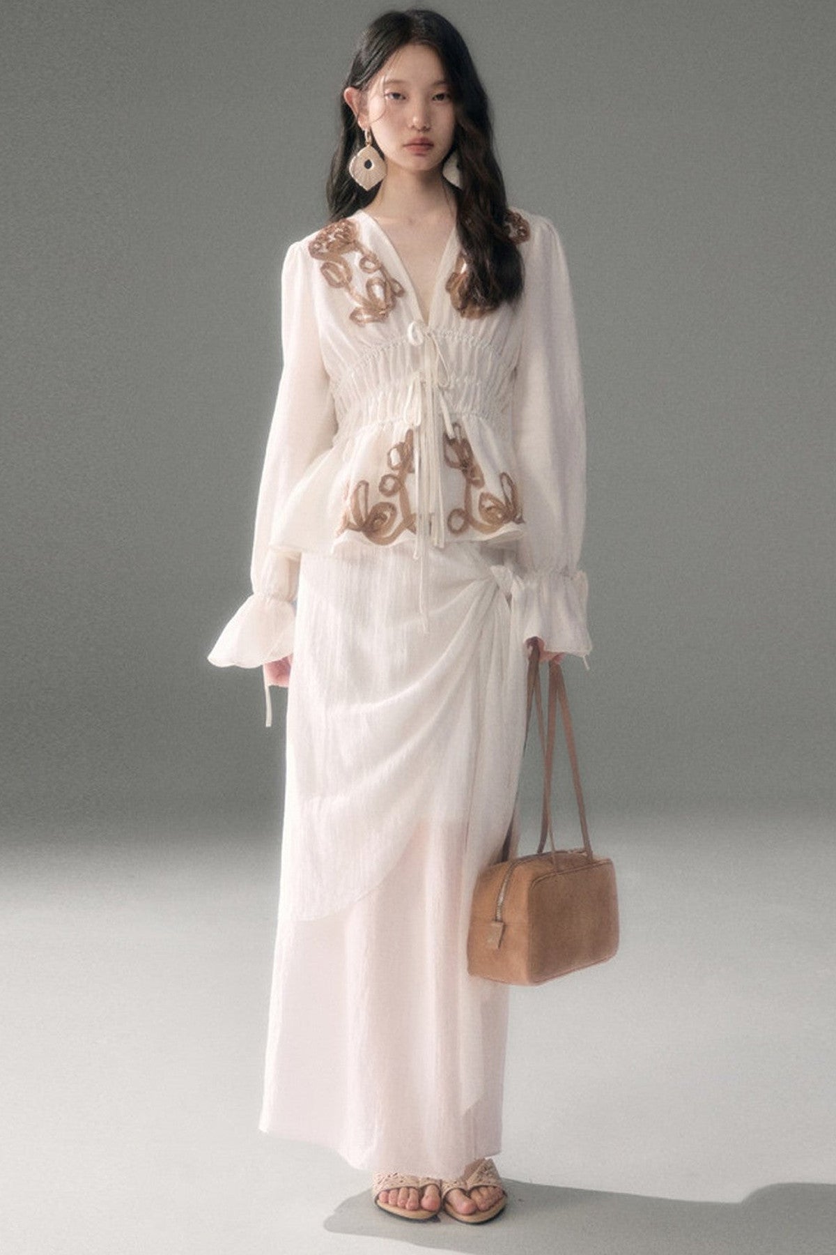 Moonlight Shawl Collar Bell Sleeve Shirt Tie-Up Skirt Set-Up