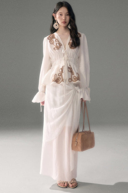 Moonlight Shawl Collar Bell Sleeve Shirt Tie-Up Skirt Set-Up
