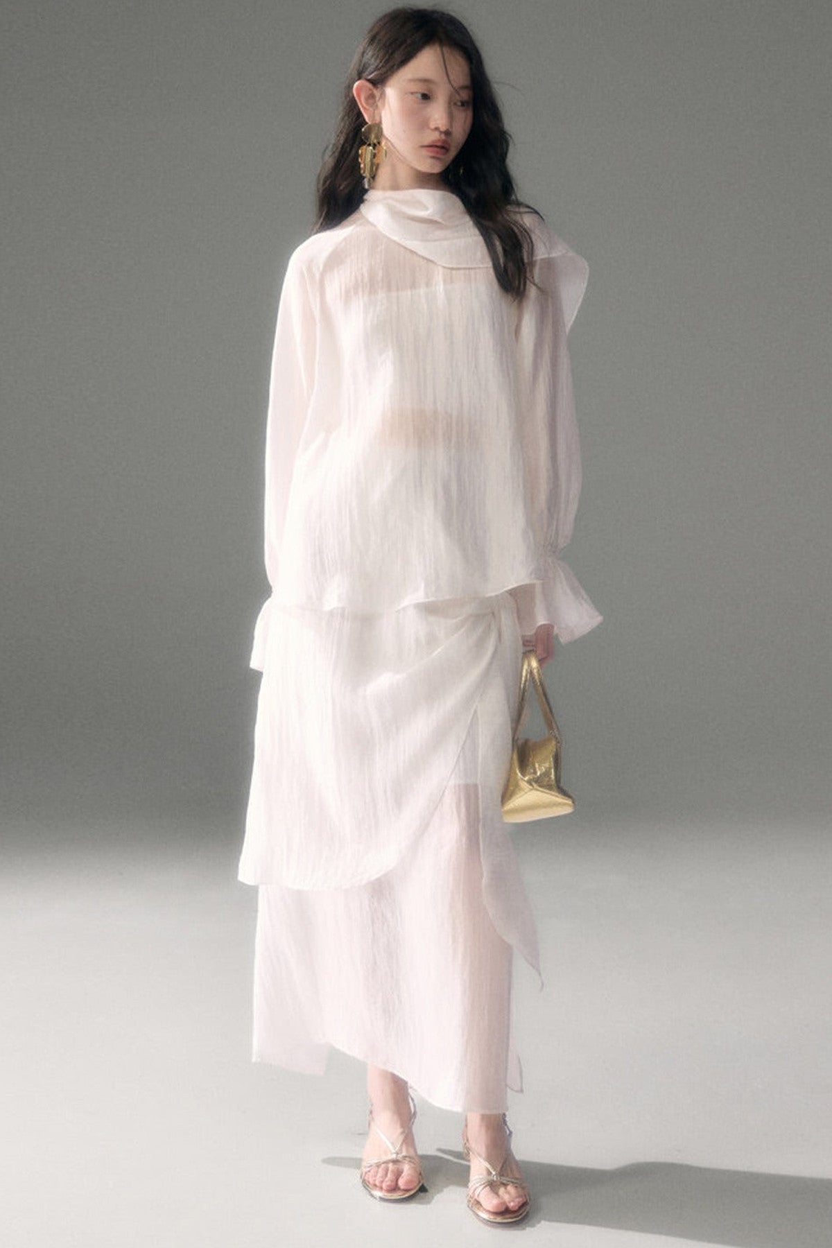 Moonlight Shawl Collar Bell Sleeve Shirt Tie-Up Skirt Set-Up