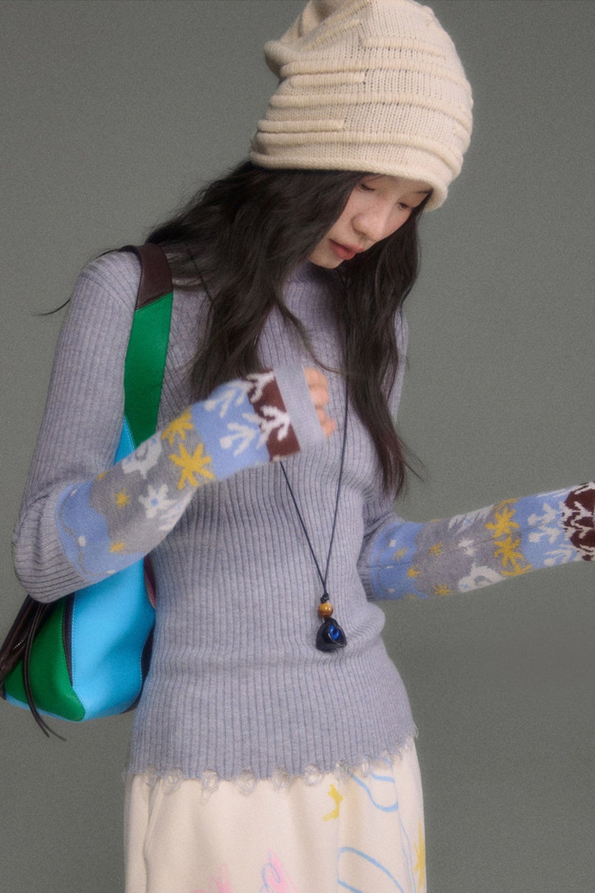 Wool Blend Bird Jacquard Knit Top