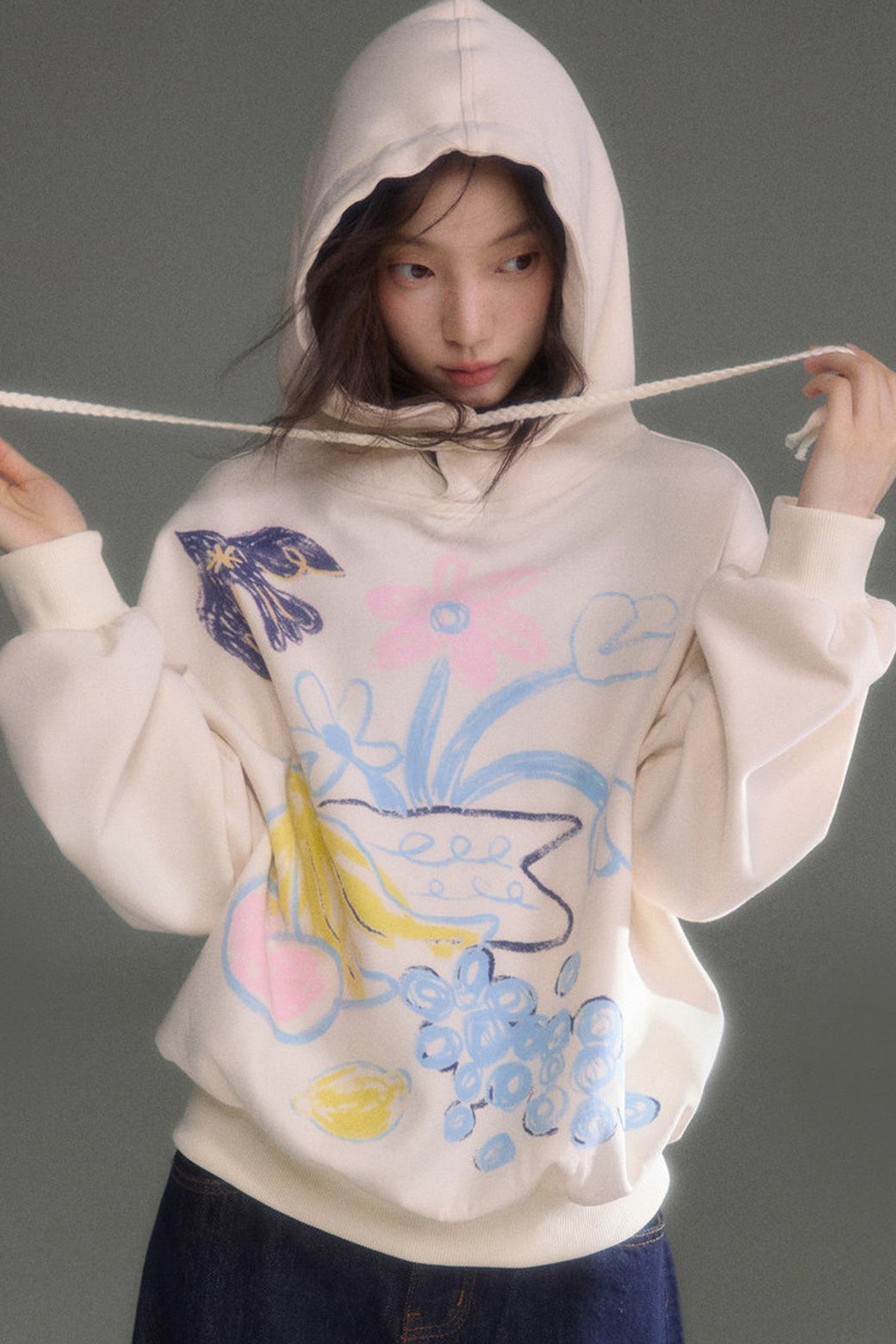 Ear Detail Bird Fruit Print Sweatshirt and Skirt Set-Up
