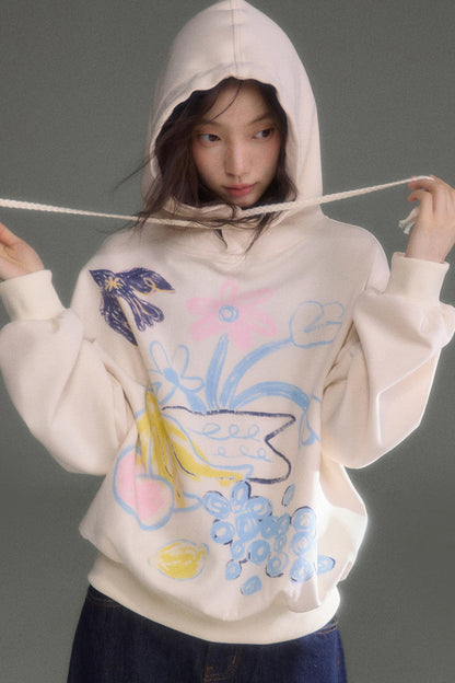Ear Detail Bird Fruit Print Sweatshirt and Skirt Set-Up