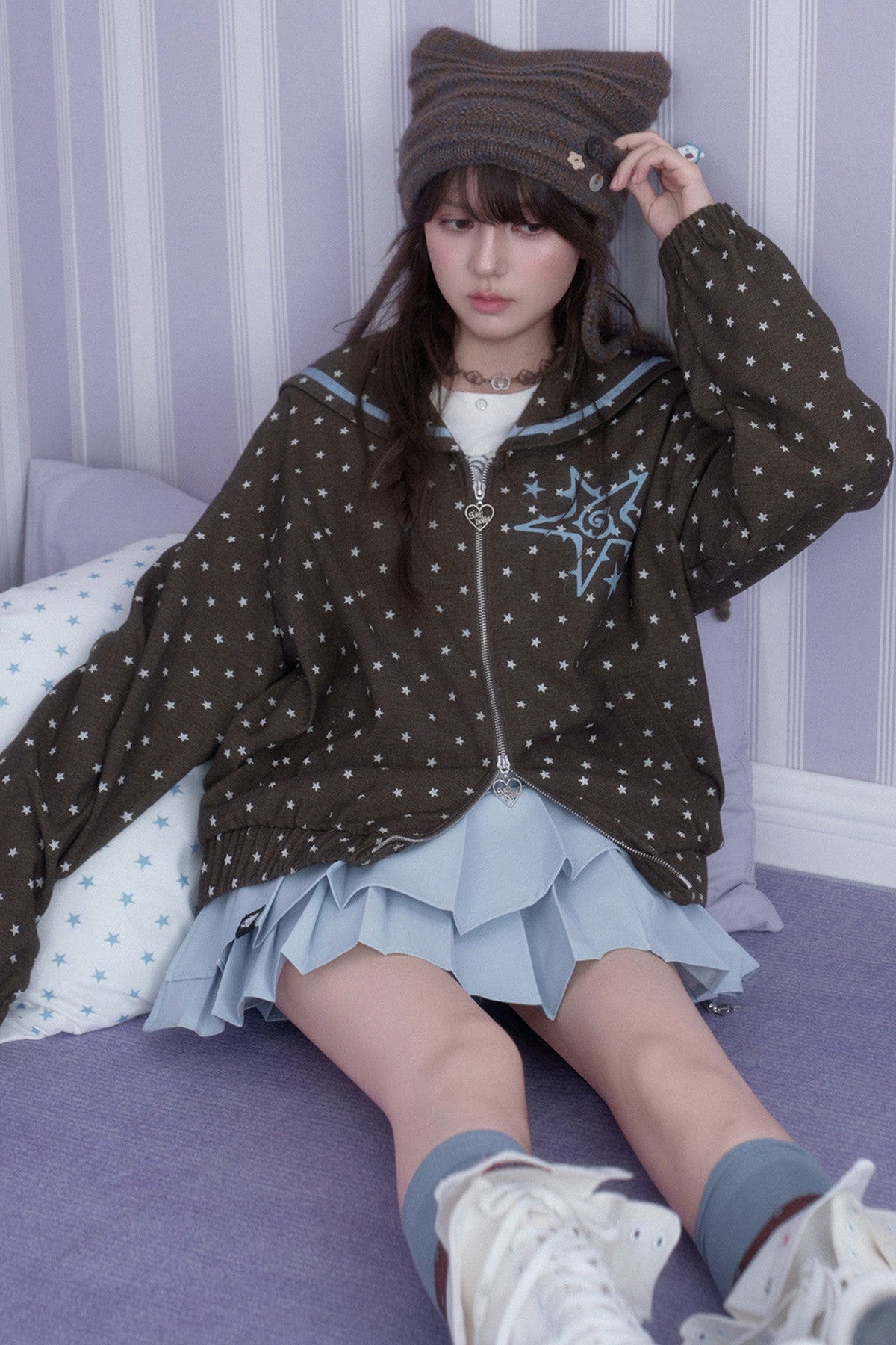 Brown Blue Swirl Star Navy Collar Jacket Set-Up