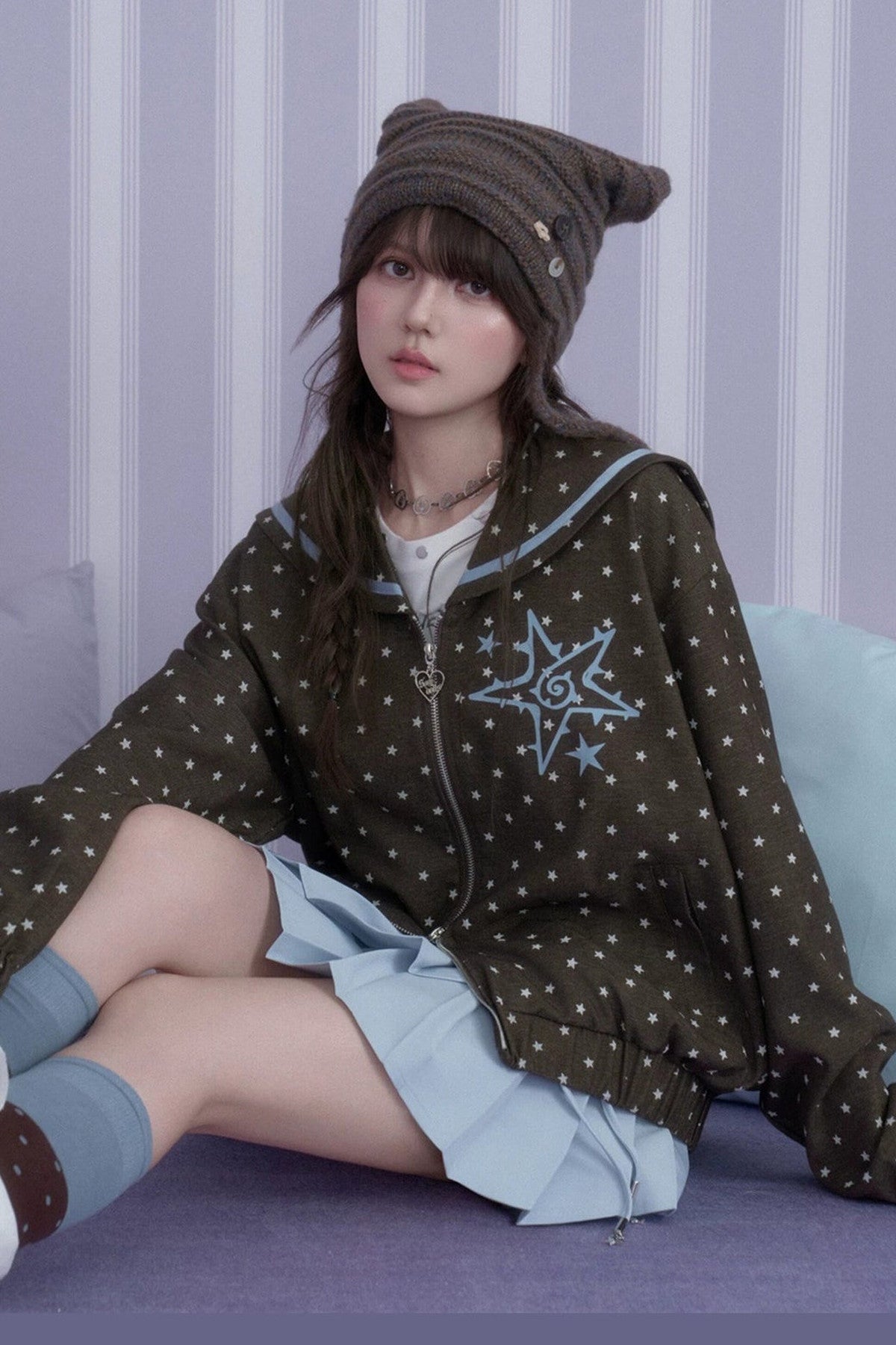 Brown Blue Swirl Star Navy Collar Jacket Set-Up