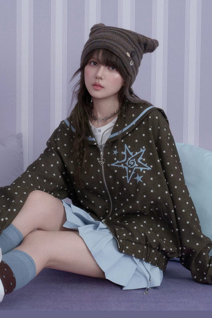 Brown Blue Swirl Star Navy Collar Jacket Set-Up