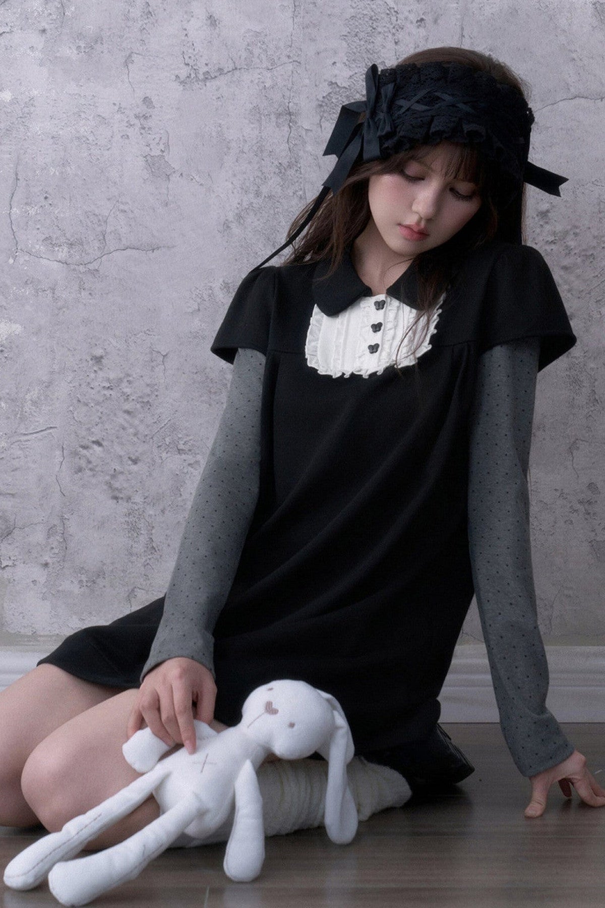 Dark Doll Collar Layered-Look Long Sleeve Dress