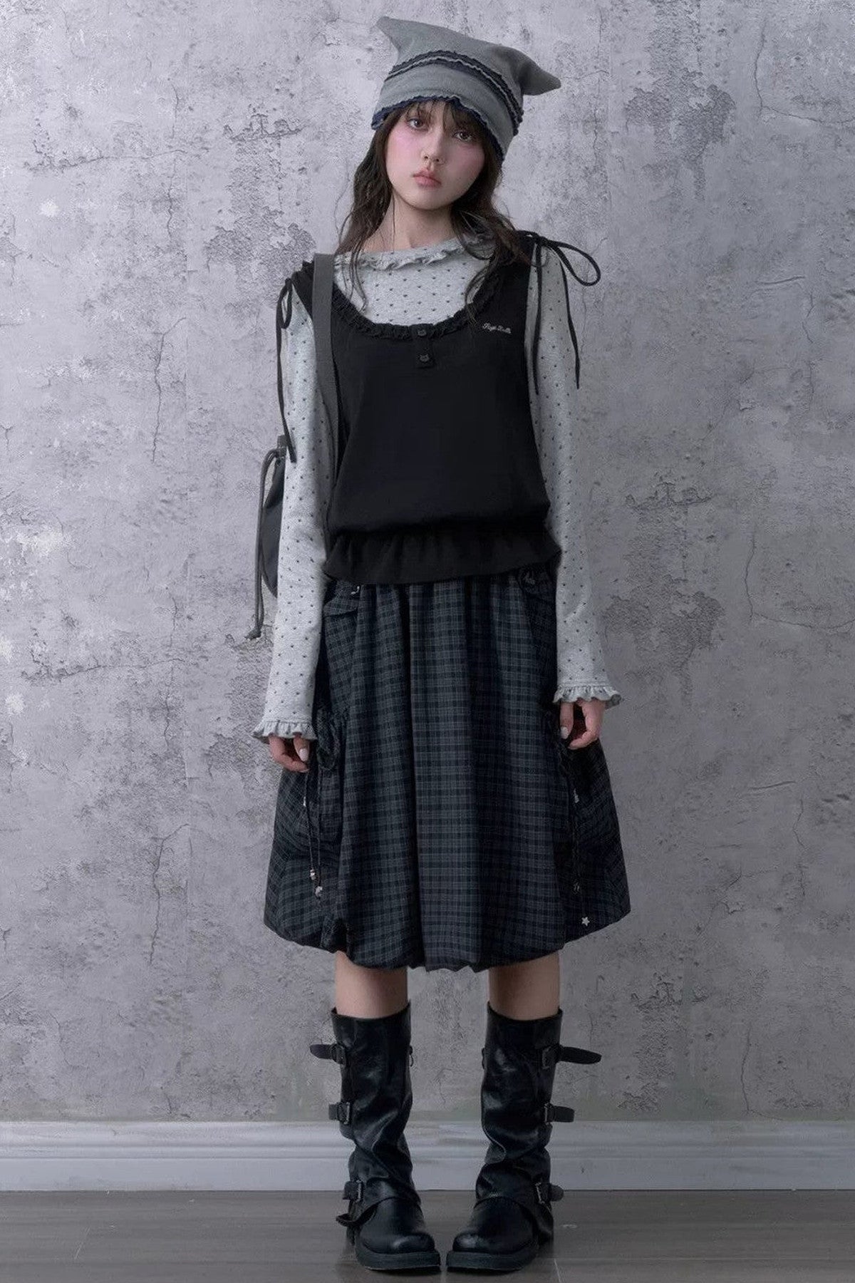 Black Gray Plaid Mid-Length Skirt Set-Up
