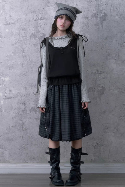 Black Gray Plaid Mid-Length Skirt Set-Up