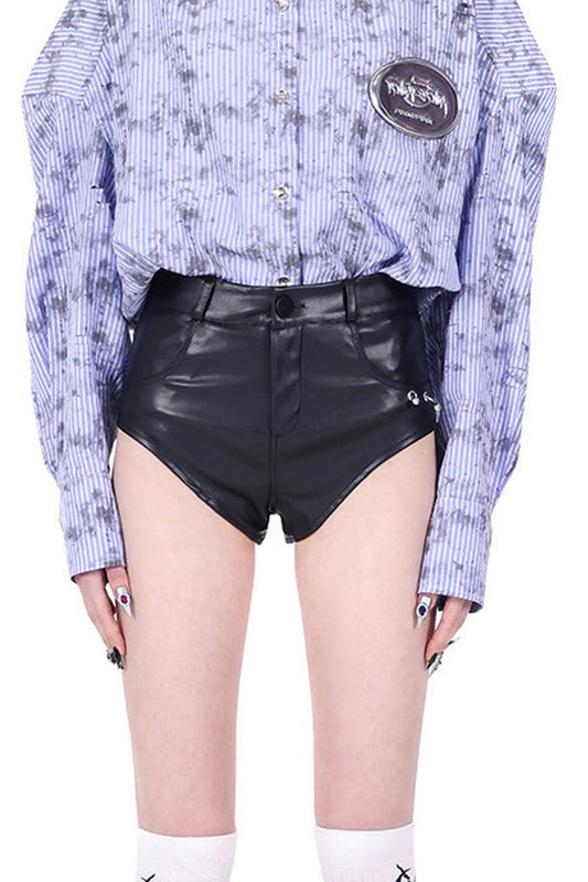 Perforated Ring PU Leather Shorts