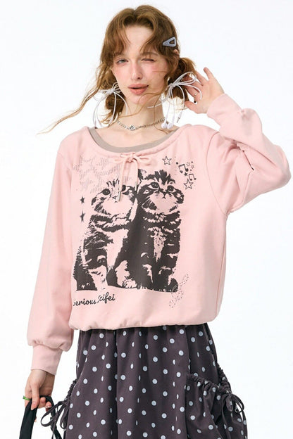 Rosa Sweatshirt mit Katzenprint und Bindeband