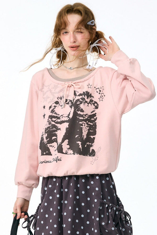 Pink Cat Print Tie Sweatshirt