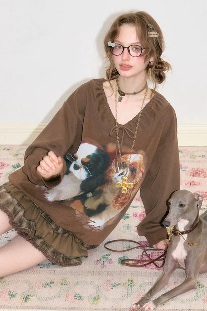 Brown Dog Print Lace V-Neck Sweatshirt