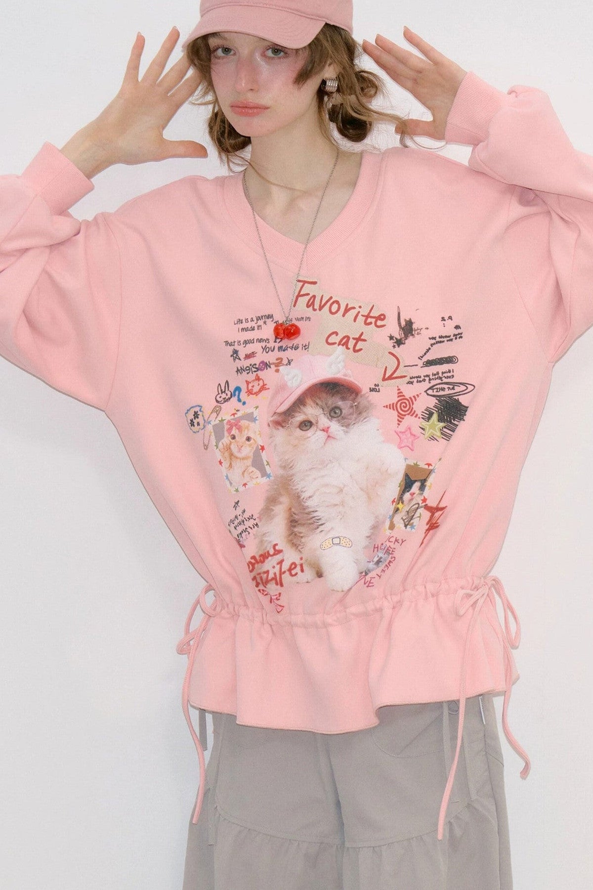 Pink Cat Print Sweatshirt