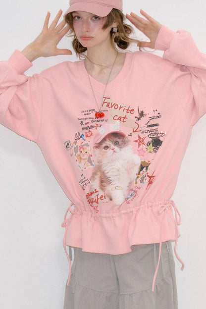 Pink Cat Print Sweatshirt